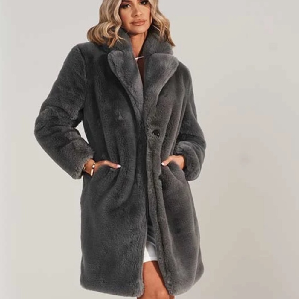 GRAY VEGAN FUR COAT
